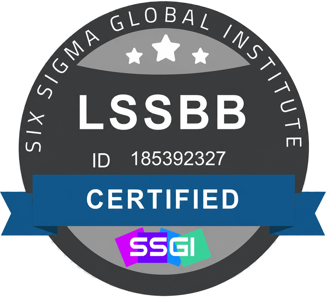 Six Sigma Global Institute Certified Lean Six Sigma Black Belt badge, credential ID 185392327